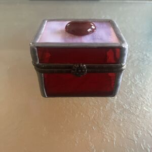 Heart Stained Glass Hinged Trinket Box Red Pink Vintage Silver Accent 2.5” X 2”